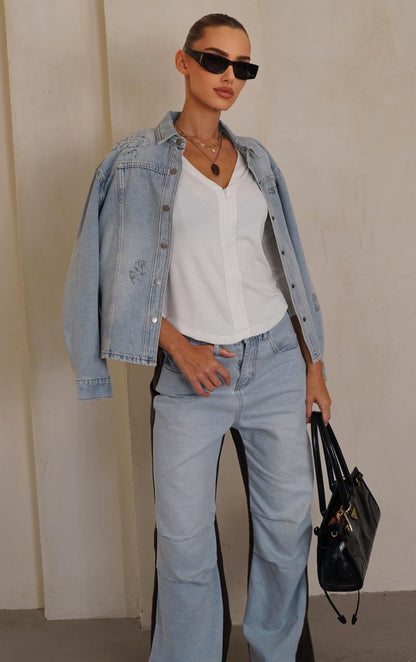 מכנס גינס שילוב דמוי עור