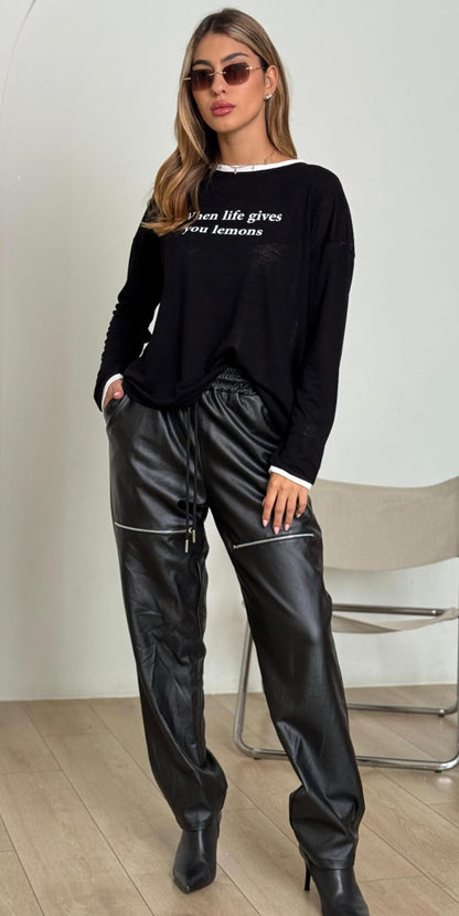 מכנס דמוי עור שילוב רוכסן