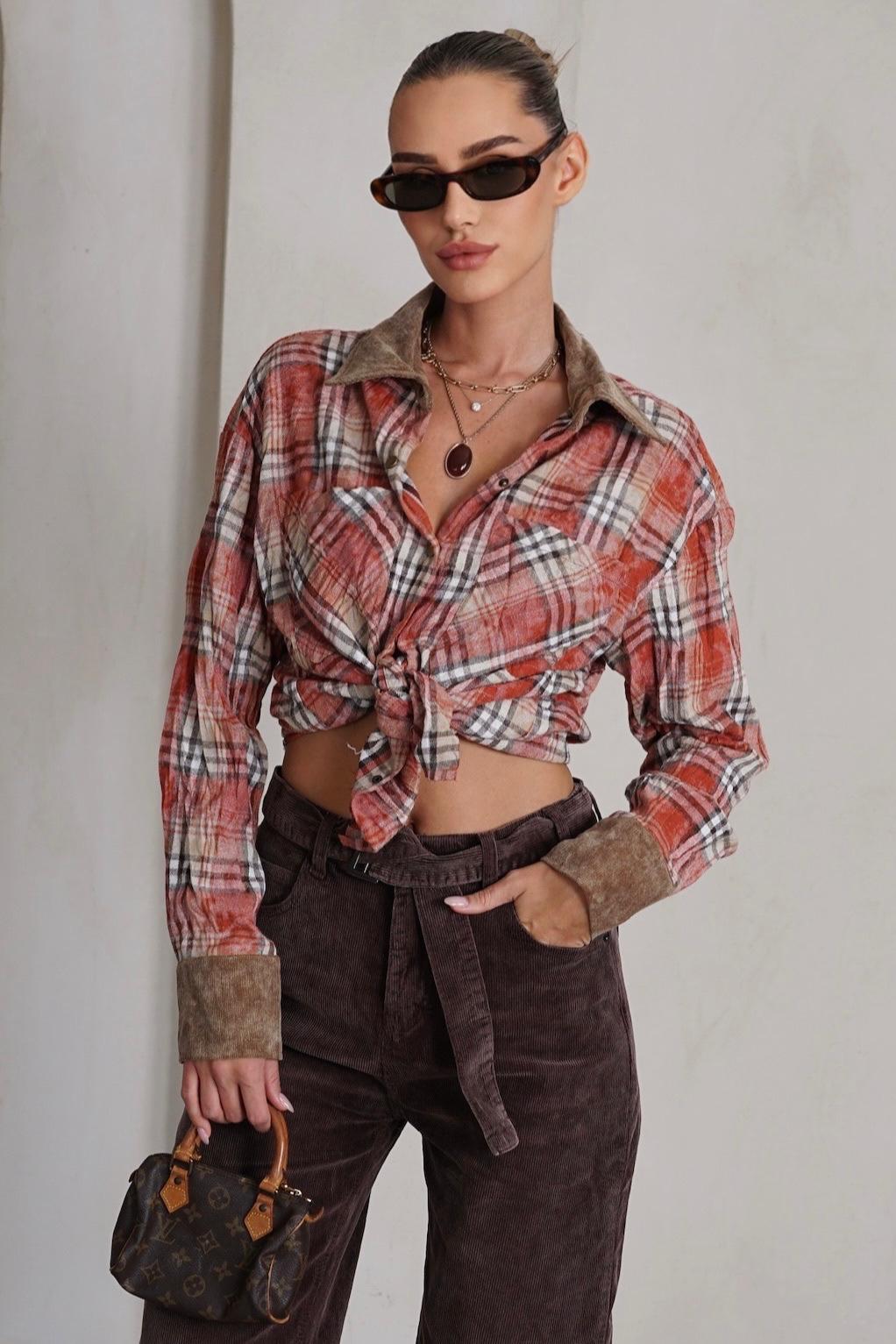 מכופתרת משבצות שילוב קורדרוי