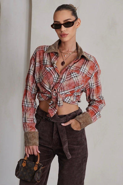 מכופתרת משבצות שילוב קורדרוי