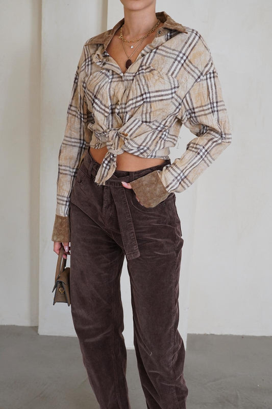 מכופתרת משבצות שילוב קורדרוי