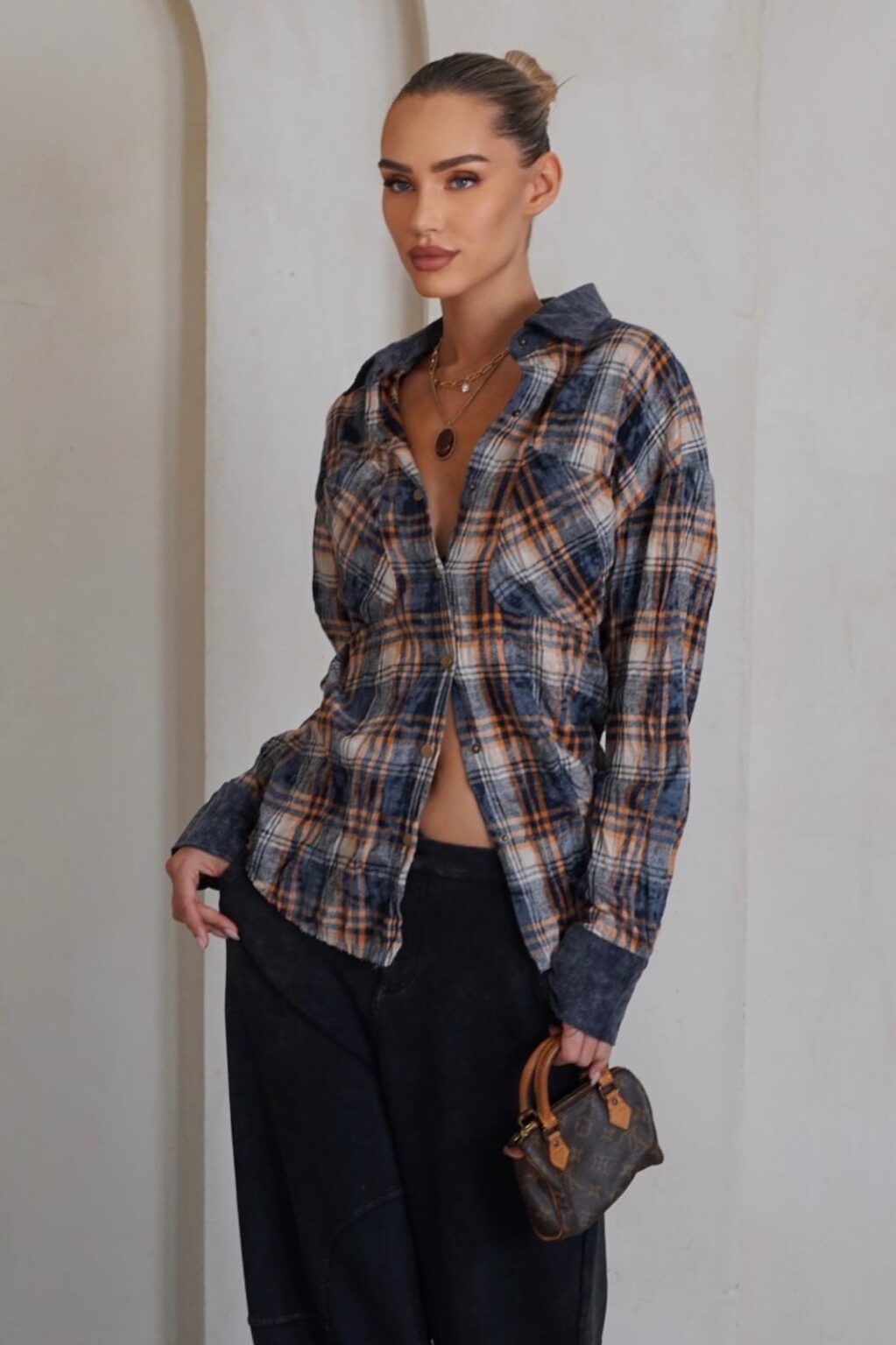 מכופתרת משבצות שילוב קורדרוי