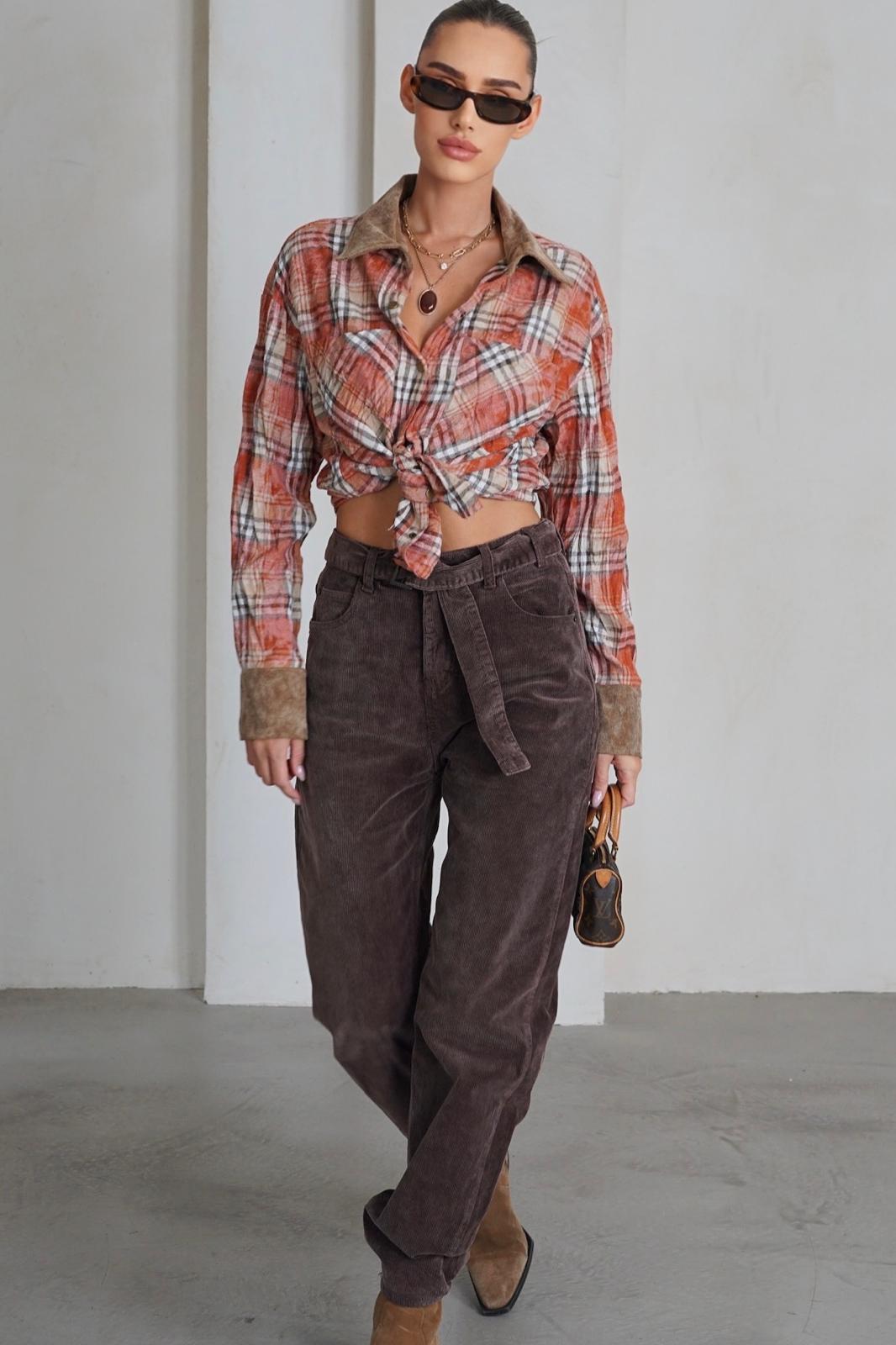 מכופתרת משבצות שילוב קורדרוי