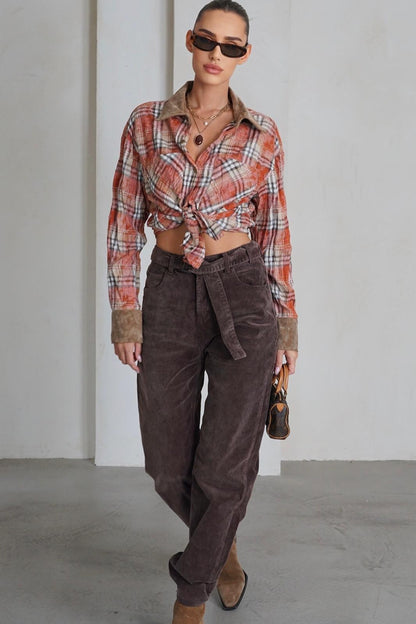 מכופתרת משבצות שילוב קורדרוי